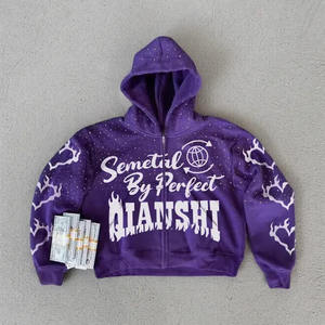 Vente en gros de sweats à capuche personnalisés avec strass, effet délavé, style streetwear oversize - Product Image 2