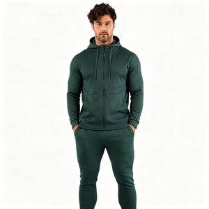 Chándal con Capucha para Hombre, Color Verde Oscuro, Manga Larga, Diseño Sólido, Estilo Casual, Peso Medio, Corte Regular, con Bolsillos Laterales y Cierre de Cremallera - Product Image 1