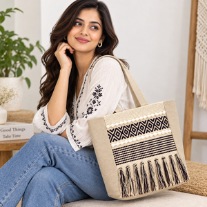 Sac fourre-tout bohème en tissu de coton avec fermeture éclair, couleur unie, pompons, idéal pour la plage et l'été - Product Image 2
