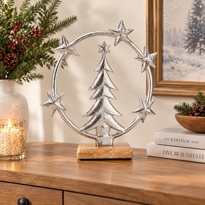 Árbol de Navidad Plateado con Anillo de Estrella, Objeto Decorativo Metálico sobre Base de Madera, Decoración de Mesa para el Hogar con Temática Navideña - Product Image 2