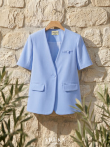 Blazer de Manga Corta Azul Claro para Mujer, Cuello en V, Botón Único, Color Sólido, Corte Regular, Ropa Casual de Oficina, Tela de Lana - Product Image 6