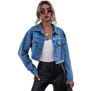 Light Blue <b>Denim</b> Motorcycle Slim Fit Trucker <b>Jacket</b> Women Short <b>Cropped</b> Full Sleeve Turn-down Collar Frayed Hem Spring Style - Product Image 3