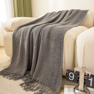 Knitted Solid Orange <b>Throw</b> Blanket With Tassels Rectangular Wool Acrylic Home Decor Fall Season Simple Style - Product Image 5