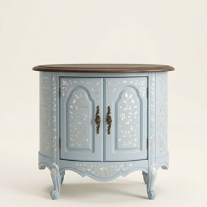 Table de chevet ronde artisanale en nacre bleu clair avec incrustation florale élégante, mobilier de luxe pour chambre à coucher - Product Image 1