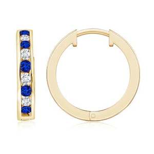 14Kt Yellow Gold Blue Sapphire Diamond Hoop Earrings Round Channel <b>Set</b> Huggie Earrings Fine September Birthstone Jewelry - Product Image 1