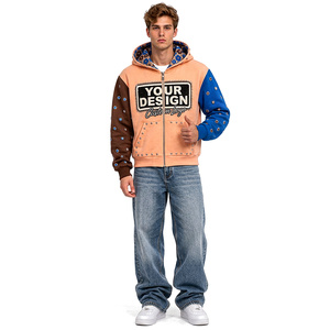 Sudadera con capucha para hombre, estilo urbano, personalizada, con efecto desgastado, bloques de color, cremallera, bordada, de algodón, informal, ropa urbana - Product Image 3