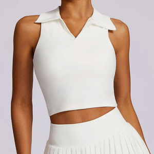 <b>Ladies</b> New Casual <b>Polo</b> Collar Sleeveless Body Fit Gym Workout Short Length Athletic Yoga Crop <b>Top</b> T-Shirt For Exercise - Product Image 6