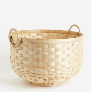 Handmade Natural Bamboo Woven <b>Storage</b> Basket with Handles Round Picnic Hamper Eco Friendly Home Organizer for <b>Clothes</b> and Toys - Product Image 1
