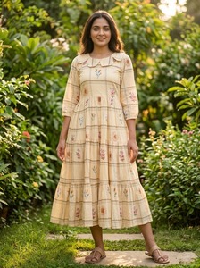Latest Summer Collection Muslin <b>Silk</b> with Gingham Print Flair Readymade Kurti for Daily and Office Casual Wear for Women Trendy - Product Image 3