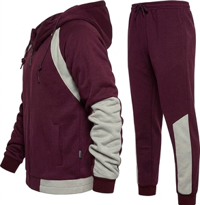 Survêtement bordeaux pour homme, manches longues, à capuche, fermeture éclair, vêtements de sport décontractés avec poches latérales, coupe classique, design bicolore, automne - Product Image 3