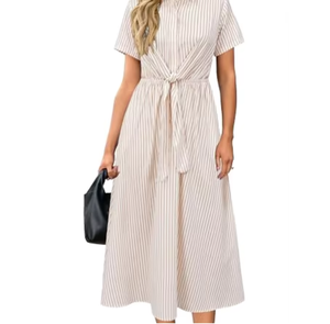 Robe midi trapèze personnalisée pour femme, col croisé, taille nouée, manches courtes |   Robe de travail décontractée en tissu Spandex/Polyester - Product Image 3