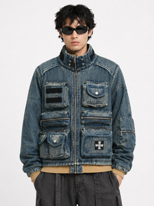 Mens <b>Vintage</b> Wash Blue <b>Denim</b> Utility <b>Jacket</b> Multi Pocket Cargo Style Outerwear High Neck Zip Up Streetwear <b>Jacket</b> Relaxed Fit - Product Image 1