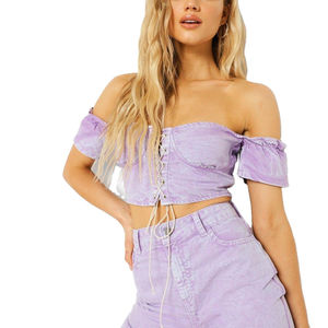 Ensemble 2 pièces pour femmes, haut sans manches uni respirant et short en jean taille haute, fabrication professionnelle - Product Image 2