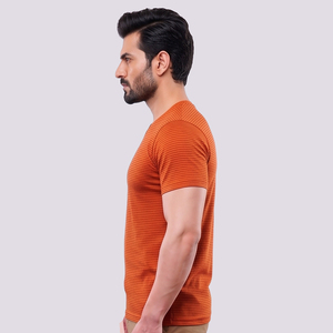 Camisetas de Hombre con Cuello en V y Rayas Naranjas, Camisetas de Punto Ajustadas de Verano, Camisetas de Manga Corta Informales para Hombre - Product Image 3