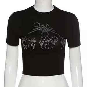 Camisetas Personalizadas para Mujer, Transpirables, con Diseño Floral, Adorno de Pedrería, Corte Recortado, Tejido de Poliéster y Algodón, Corte Regular - Product Image 3