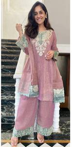 Embroidered Heavy Chinon Silk <b>kurti</b> with embroidered Palazzo and dupatta Set - Product Image 2