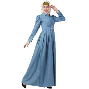 Robe longue plissée en jean premium sur mesure avec ceinture et boutons, manches longues, légère, en coton biologique, idéale pour l'été et les fêtes, pour femmes musulmanes. - Product Image 4