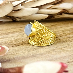 Hot Design <b>Boho</b> Floral Gemstone <b>Ring</b> Vintage Brass <b>Rings</b> Women 18k Gold Plated Hammered Chalcedony Jewelry Wholesale/OEM/ODM - Product Image 6