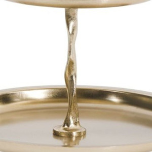Charming Two <b>Tier</b> Golden <b>Cake</b> Stand Featuring Smooth Circular Trays And A Unique Central Stem Topped With A Bow For Serving - Product Image 5