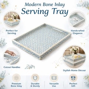 Plateau de service moderne en os incrusté |   Plateau décoratif pour table basse |   Plateau ottoman blanc avec poignées découpées |   Plateau décoratif pour salon - Product Image 6