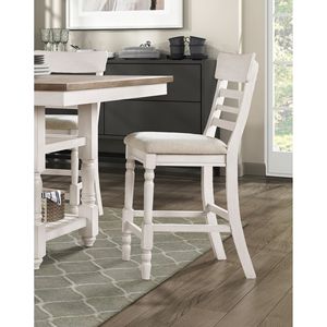 Set di 2 Sedie da Pranzo in Stile Rustico Bianco Antico, Seduta in Legno Rivestita in Tessuto, Altezza Bancone con Finitura Anticata - Product Image 1