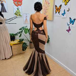 Luxury Brown and Beige Mermaid Evening Gown with <b>One</b> Sleeve Designer Embellished Formal <b>Dress</b> Elegant Dubai Style Party Wear - Product Image 2