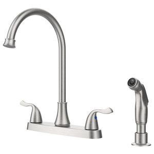 Rubinetto da Cucina Girevole a 360° in Acciaio Inox 304 Lucidato con Due Maniglie, Spruzzatore Laterale Estraibile, Installazione a 4 Fori, 8 Pollici, Finitura Nichel Spazzolato - Product Image 1