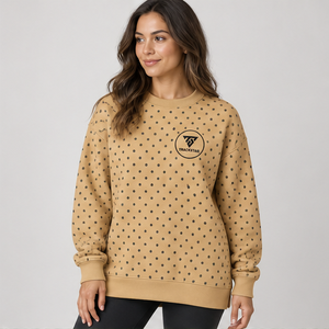 Women's Camel Crewneck <b>Sweatshirt</b> with Charcoal Allover Polka Dots <b>Long</b> Sleeve Custom Logo - Product Image 3