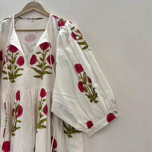 Vestido Casual Midi para Mujer, Tejido 100% Algodón, Color Liso, Manga Corta, Cintura Imperio, Estilo Babydoll, Oversize, Cuello en V, Ajuste Holgado, Estilo Rajasthan - Product Image 3