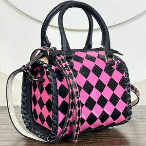 Designer Pink & Black Checkered Hand <b>Tooled</b> <b>Leather</b> Small Speedy Bag Compact Women Top Handle Mini Shoulder Crossbody Duffel Bag - Product Image 5