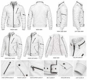 Men's <b>White</b> PU Leather Moto <b>Jacket</b> Stand Collar Zipper Closure Belted Slim Fit <b>Biker</b> Style Autumn Winter Wear - Product Image 5
