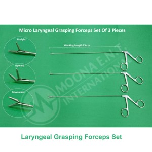 Juego de 3 Pinzas de Microcirugía Laringea, Rectas Ascendentemente y Descendentemente Inclinadas, 25 cm de Longitud de Trabajo, Instrumental Quirúrgico ORL - Product Image 1