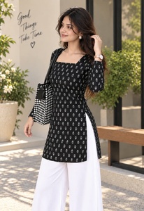 Vestido corto tipo kurti para mujer, con estampado floral negro, manga larga, cuello cuadrado, tejido de rayón, estilo casual y étnico. - Product Image 5