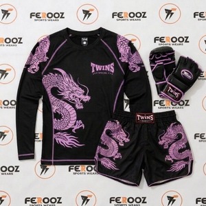 Boxing <b>Glove</b> Kickboxing Muay Thai Black&<b>Navy</b> Blue Color Outfit MMA Training Sportwear Set Dragon Pattern Rash Guard Fight Short - Product Image 2