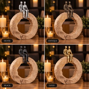 Sculpture Circulaire en Bois Faite à la Main avec Figurine de Couple en Bronze, Décoration de Table, Thème Amour Contemporain, Art pour Salon - Product Image 3