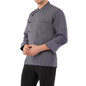 Veste de chef à manches longues blanche 100% coton avec col rayé contrasté en tissu tricoté en coton pour hommes du personnel de cuisine de restaurant - Product Image 4