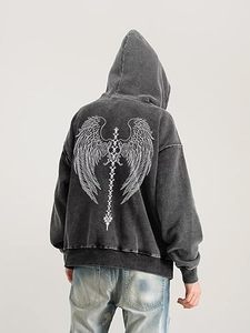 Sudadera con capucha oversize con estampado gráfico gótico de calavera y alas, estilo grunge, con lavado ácido, de ajuste casual - Product Image 5