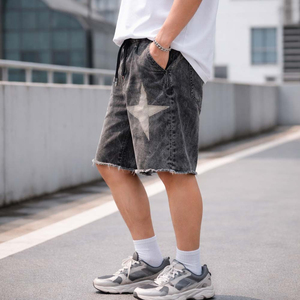 <b>Men</b> Streetwear Denim <b>Shorts</b> Jeans Custom Vintage Cotton Raw Edge Zipper Custom <b>Men</b> Jeans <b>Shorts</b> with Rhinestones Denim <b>Shorts</b> - Product Image 2