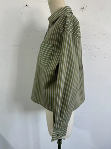 Blusa Holgada a Rayas de Manga Larga, Estilo Ejecutivo, Tela Popelina con Botones, Informal y para el Trabajo, Verde Oliva - Product Image 4