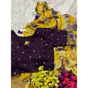ผ้าส่าหรีสำหรับงานย้อมสีด้วยมือผ้าวิสคอสเสื้อเย็บสีเหลือง - Product Image 1