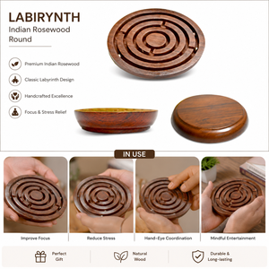Jeu de labyrinthe artisanal en bois de rose indien |   Jeu de société de stratégie en bois rond, labyrinthe, casse-tête, ensemble cadeau décoratif - Product Image 3