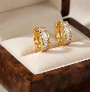 Modern 10K 14K 18K Solid Gold Lab Grown Diamond Baguette Cluster 1.35 CT Per Pair Huggies Hoop Earrings Bridal Gift Earring - Product Image 4