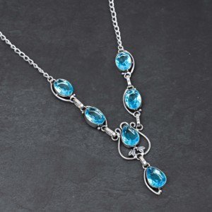 Collier de luxe pour femme, fait main sur mesure, en argent sterling, avec topaze bleue de laboratoire et perle d'eau douce en forme de poire, 18 pouces, cadeau de mariage - Product Image 3