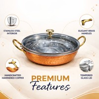 Kadai en cuivre martelé et acier inoxydable avec couvercle et poignées, plat de service haut de gamme, ustensile de cuisine indien pour cuisine, restaurant, hôtel, buffet