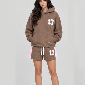 Screen Printed <b>Custom</b> Women's Hoodie Shorts Set Polyester Cotton Casual Streetwear Personalized Print OEM Matching Two Piece Set - Product Image 2