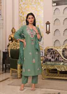 Ensemble Salwar en coton vert longueur cheville avec broderie et dupatta, tenue ethnique traditionnelle pour femmes, Inde, Pakistan, décontracté - Product Image 5