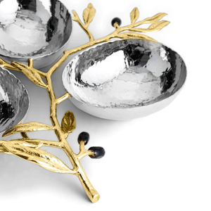 Bol à Trois Nuts de Luxe en Forme de Branche d'Olivier avec Assiettes Argentées Martelées et Accents Dorés pour une Présentation et une Décoration de Table Élégantes - Product Image 5