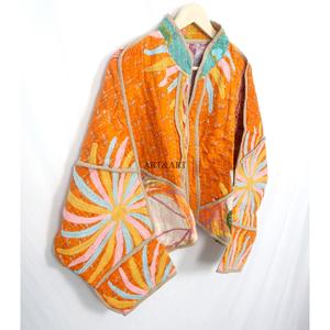 Vintage Quilted Kantha Women's Jackets 100% Cotton Eco-Friendly Reversible Quick Dry Mandarin Collar Customizable Open Closure - Product Image 5