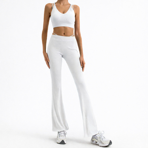Black High Waist <b>Flared</b> <b>Leggings</b> With Sports Bra Set Women's Activewear Fitness Wear Seamless Workout Outfit - Product Image 5