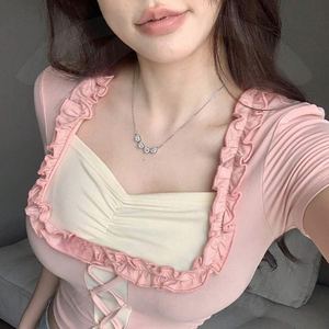 Haut court à volants et lacets pour femmes, coupe ajustée, manches courtes, haut décontracté à la mode - Product Image 2